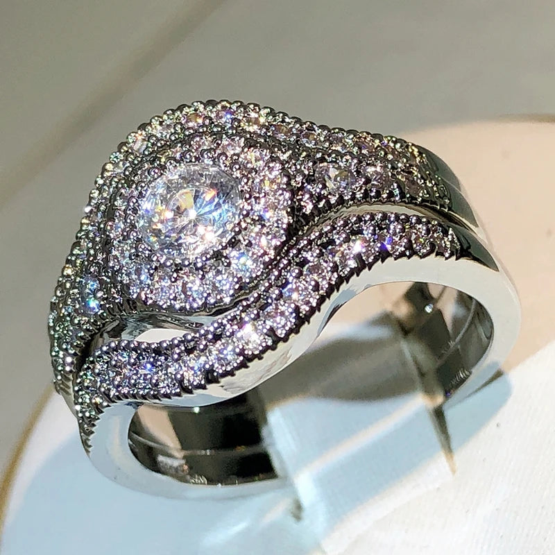 925 sterling silver classic three-layer white zircon ring unisex party birthday jewelry fashion zircon ring wholesale