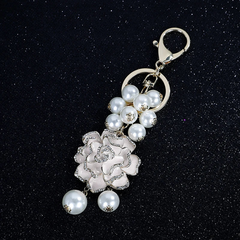 Flower Pearl  Keychain Leather bag pendant key chain Car pendant Flower Rose Gift Souvenirs keychain