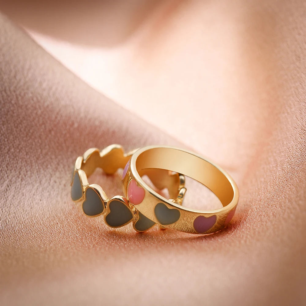Aesthetic Colorful Enamel Heart Star Flower Shaped Ring Set for Women Cute Fashion Stacking Finger Rings Jewelry Gift