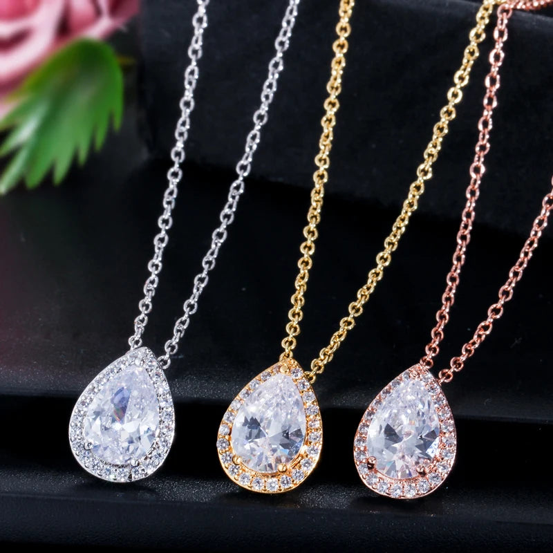 ThreeGraces Sweet Sparkling Water Drop Cubic Zirconia Fashion Necklace and Stud Earrings Party Jewelry Set for Women JS210