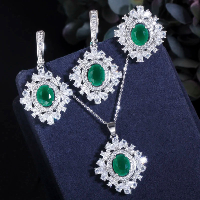ThreeGraces Elegant Green Cubic Zirconia Geometric Earrings Ring Necklace Daily Party Jewelry Set for Women Accessories JS702