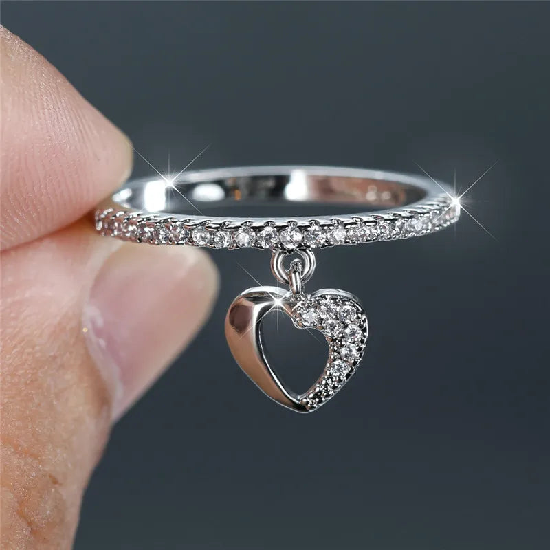 Cute Female Crystal Hollow Heart Pendant Ring Boho Gold Silver Color Engagement Jewelry Zircon Stone Wedding Rings For Women