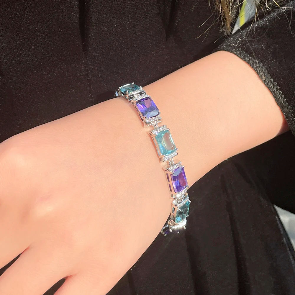 ThreeGraces Elegant Shiny Blue Purple Cubic Zirconia Geometric Rectangle Link Chain Tennis Bracelets for Women Jewelry BR191