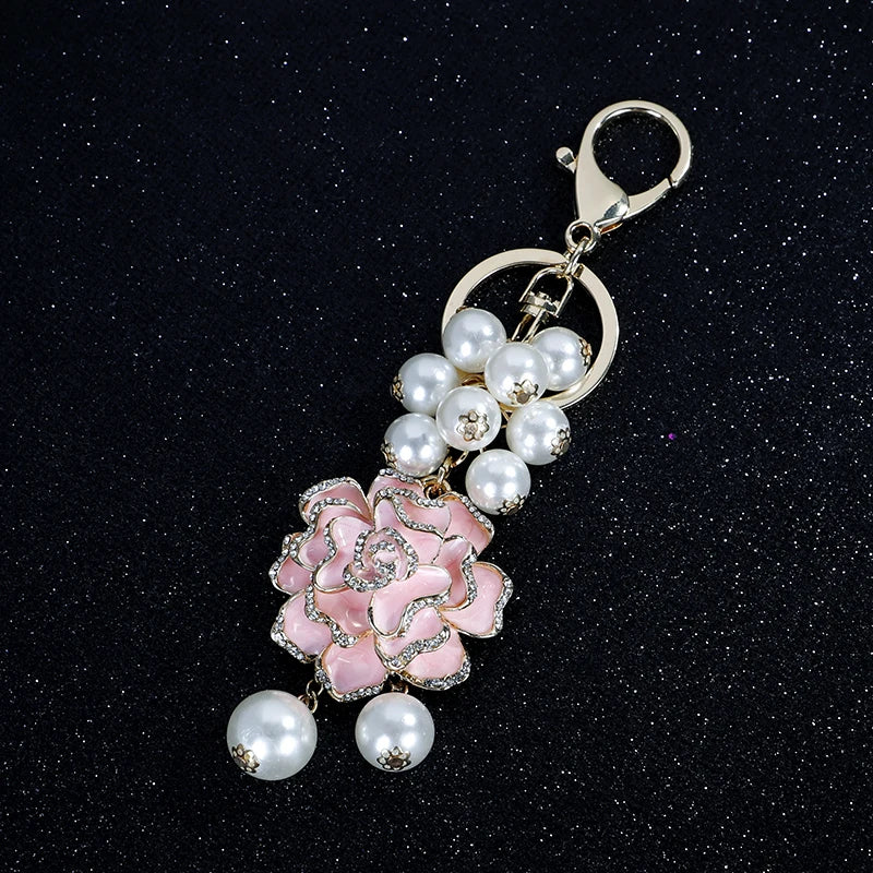 Flower Pearl  Keychain Leather bag pendant key chain Car pendant Flower Rose Gift Souvenirs keychain