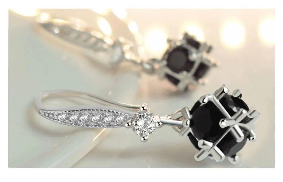 ZDADAN 925 Sterling Silver Black Round Zircon Drop Earrings For Women Fashion Wedding Jewelry Gift