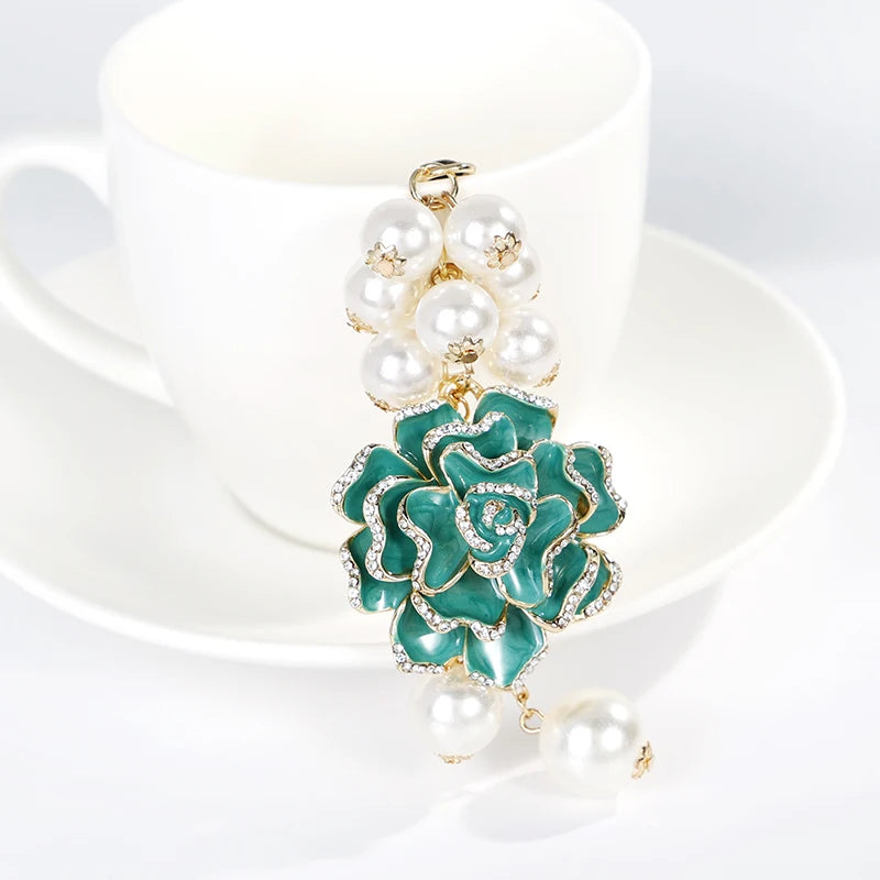 Flower Pearl  Keychain Leather bag pendant key chain Car pendant Flower Rose Gift Souvenirs keychain
