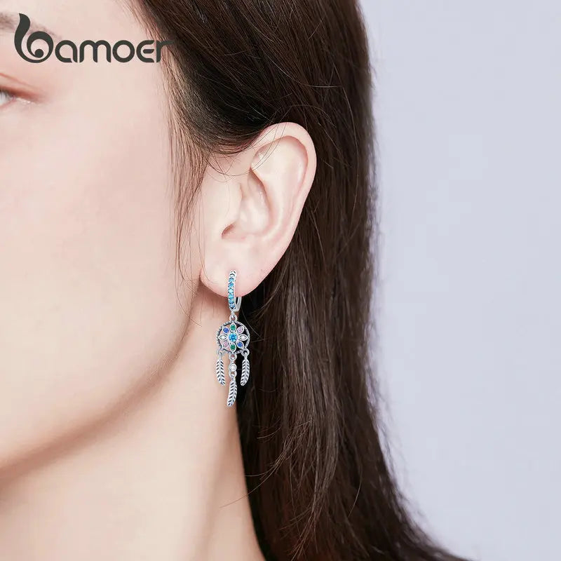 BAMOER 925 Sterling Silver Bohemia Dreamcatcher Hanging Drop Earrings for Women Boho Style Earrings Fashion Jewelry 2 Colors