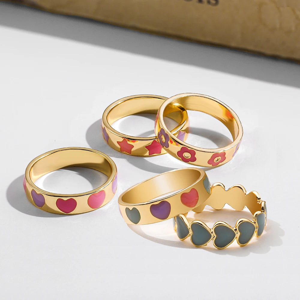 Aesthetic Colorful Enamel Heart Star Flower Shaped Ring Set for Women Cute Fashion Stacking Finger Rings Jewelry Gift