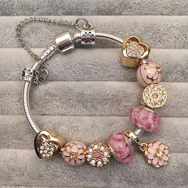 Luxury Crystal Flower Charm Bracelets & Bangles Gold Beads Bracelets For Women Jewellery Pulseira Feminina 2021 New Year Gift