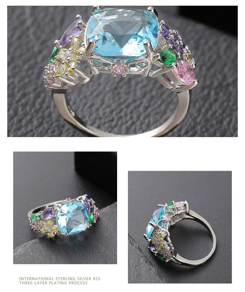 ZDADAN 925 Sterling Silver Square Gemstone Ring For Women Fashion Glamour Gift Wedding Jewelry
