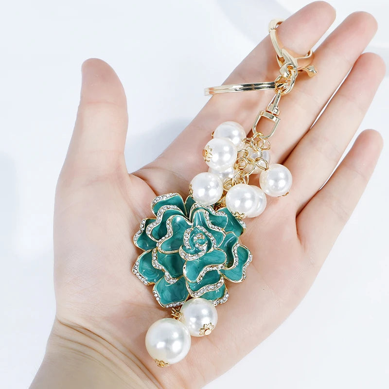 Flower Pearl  Keychain Leather bag pendant key chain Car pendant Flower Rose Gift Souvenirs keychain
