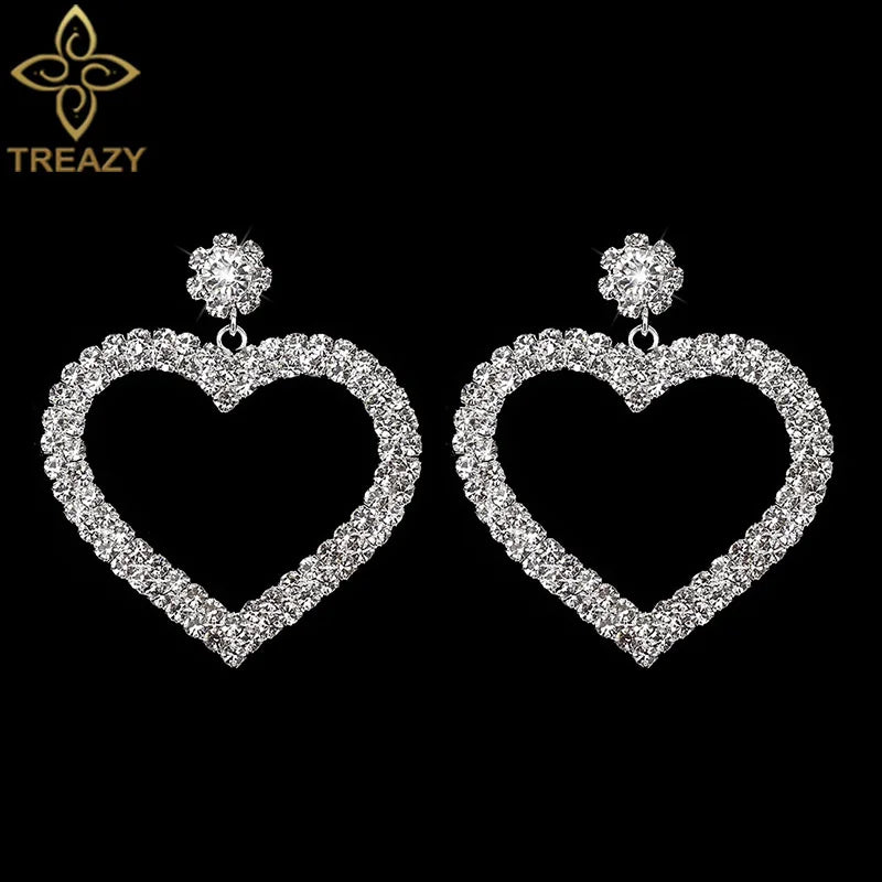 TREAZY Personality Silver Color Rhinestone Crystal Drop Earrings for Women Bride Heart Dangle Earrings Wedding Jewelry Brincos
