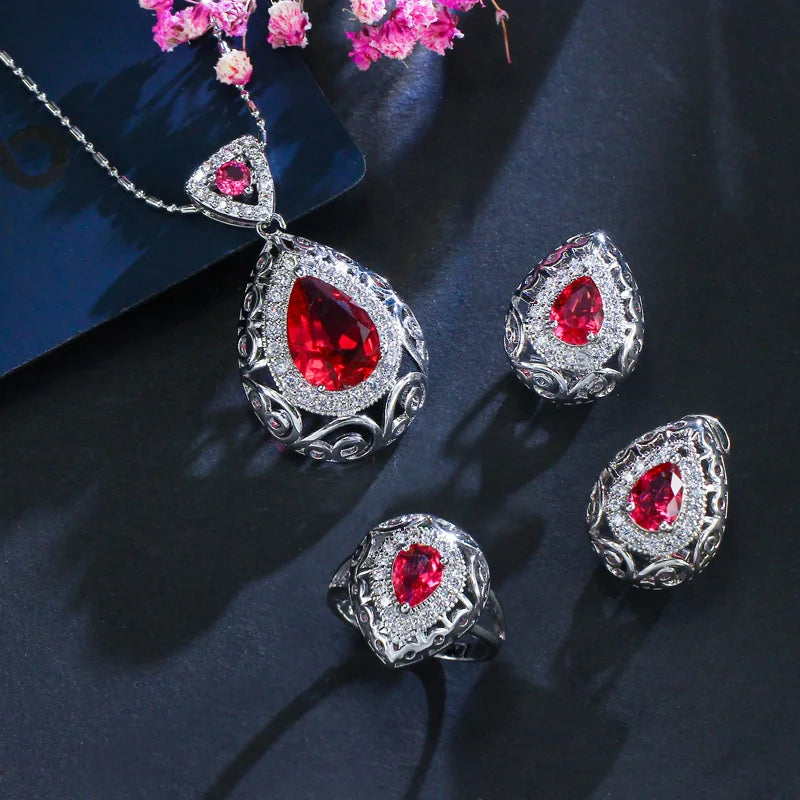 ThreeGraces 3pcs Elegant Green Cubic Zirconia Fashion Pendant Necklace  Earrings Ring Jewelry Set for Women Party Wear JS137