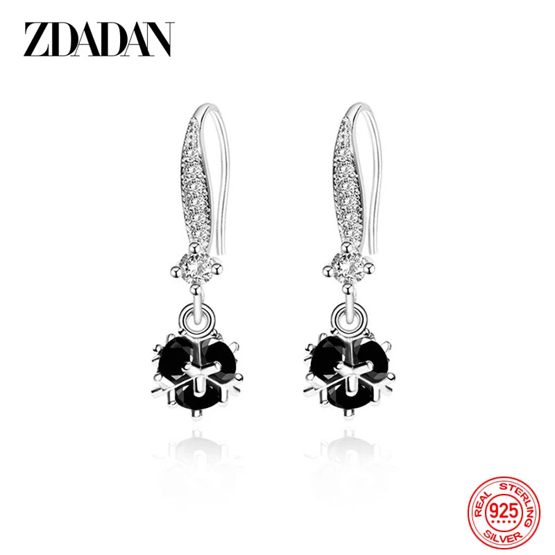 ZDADAN 925 Sterling Silver Black Round Zircon Drop Earrings For Women Fashion Wedding Jewelry Gift