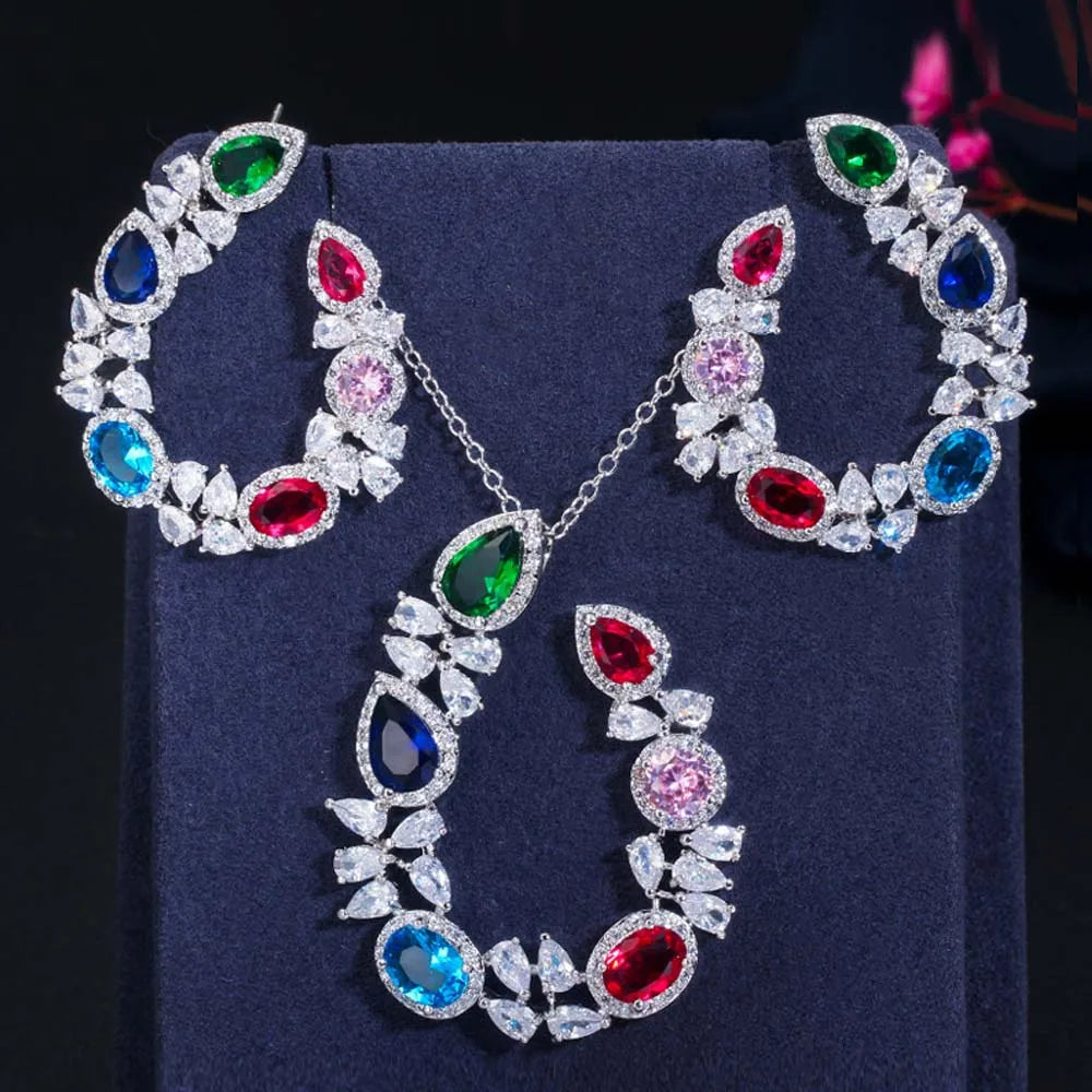 ThreeGraces Sweet Colorful Cubic Zirconia Big Symmetrical Earrings Pendant Necklace Fashion Jewelry Set for Women Party JS619