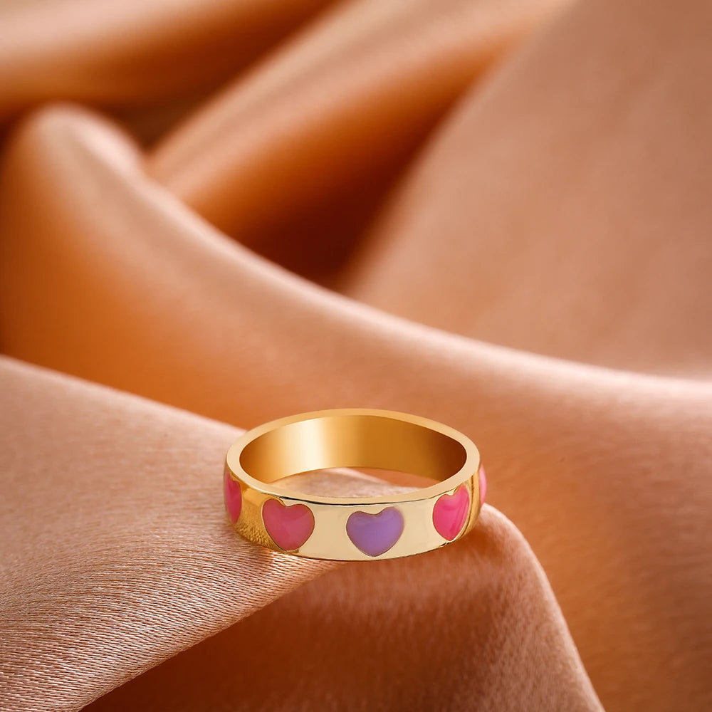 Aesthetic Colorful Enamel Heart Star Flower Shaped Ring Set for Women Cute Fashion Stacking Finger Rings Jewelry Gift