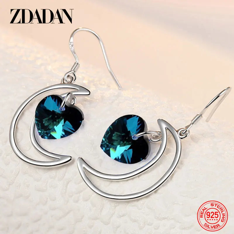 ZDADAN 925 Sterling Silver Moon Heart Blue Crystal Drop Earrings For Women Wedding Jewelry