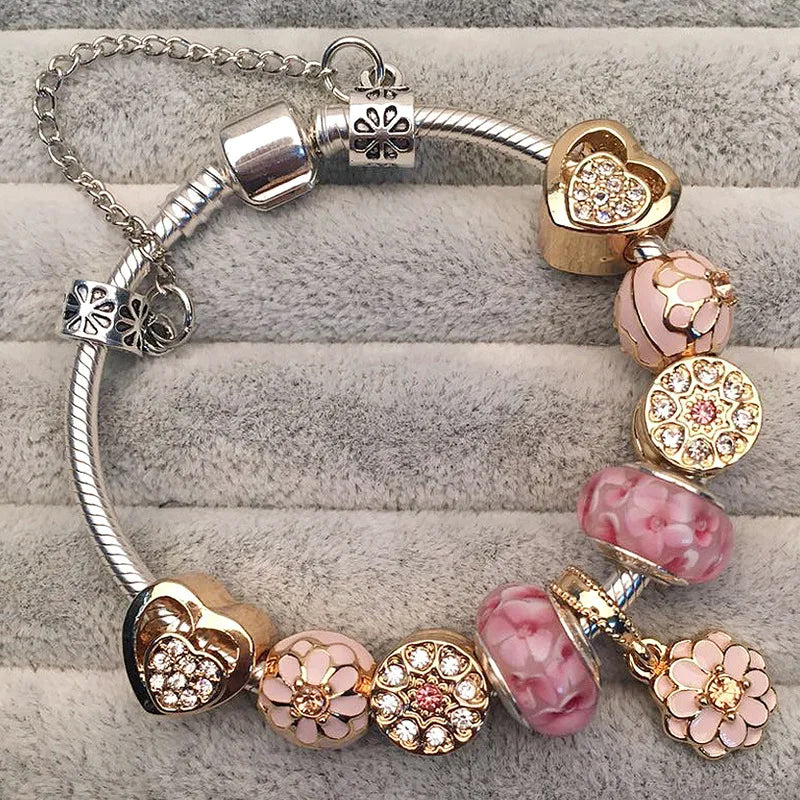 Luxury Crystal Flower Charm Bracelets & Bangles Gold Beads Bracelets For Women Jewellery Pulseira Feminina 2021 New Year Gift