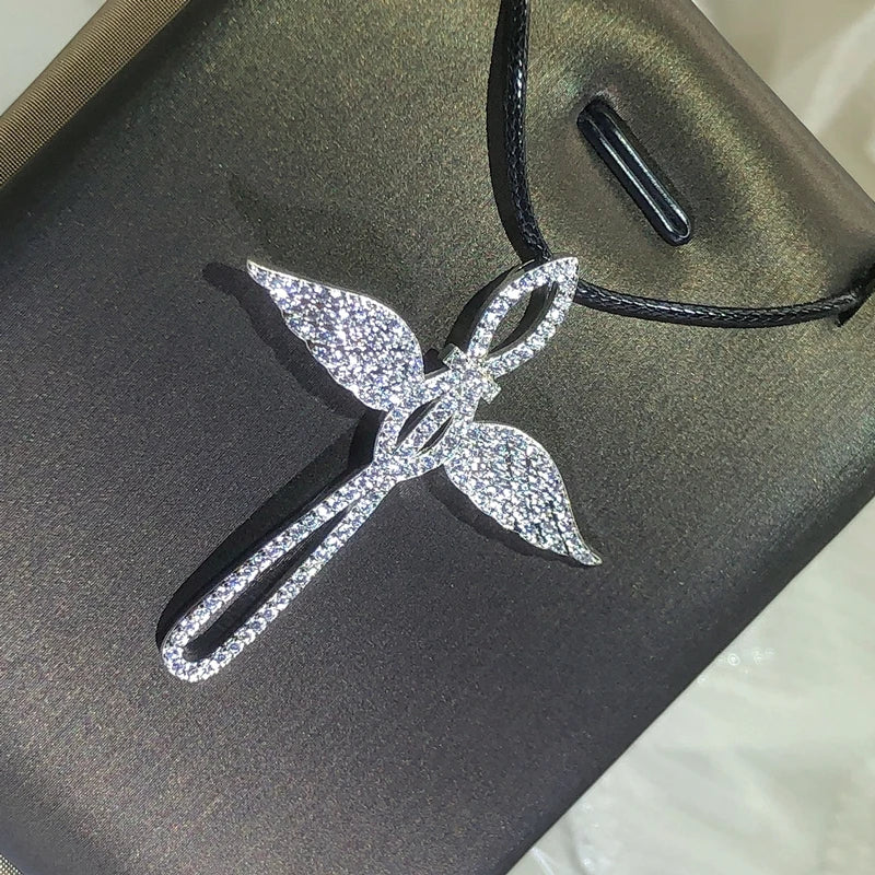 925 Sterling Silver Fashion Angel Cross Pendant Necklace For Ladies Double Wings Party Birthday Jewelry Gift