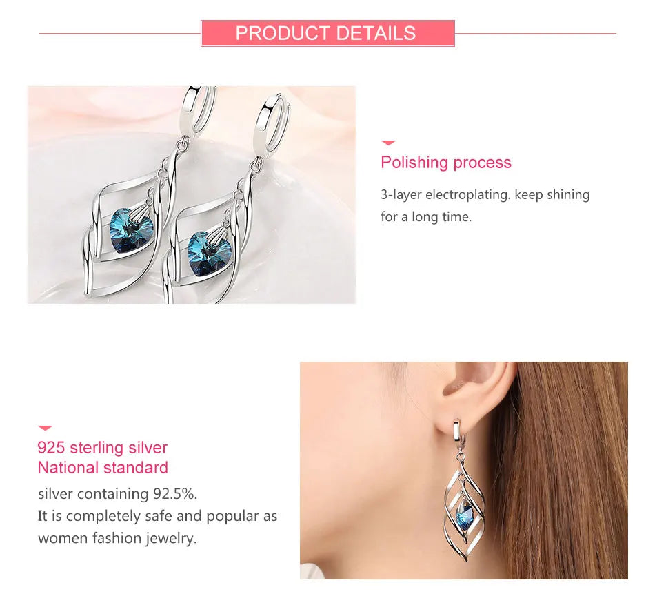 ZDADAN 925 Silver Hollow Blue Crystal Long Drop Earrings For Women Fashion Wedding Jewelry Gift