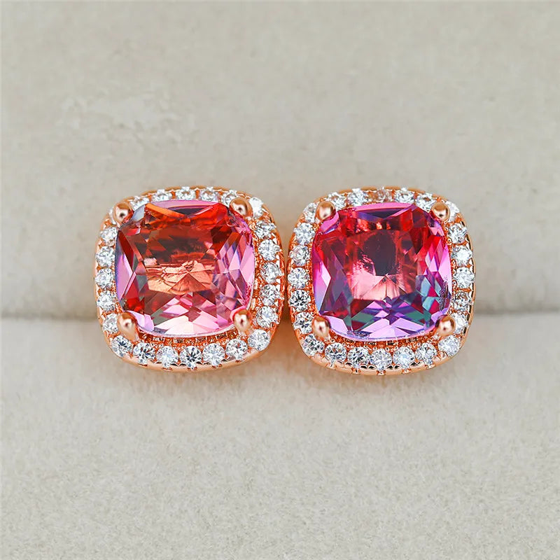 Korean Style Female Colorful Rainbow Stud Earrings Charm Zircon Stone Rose Gold Color Wedding Jewelry For Women