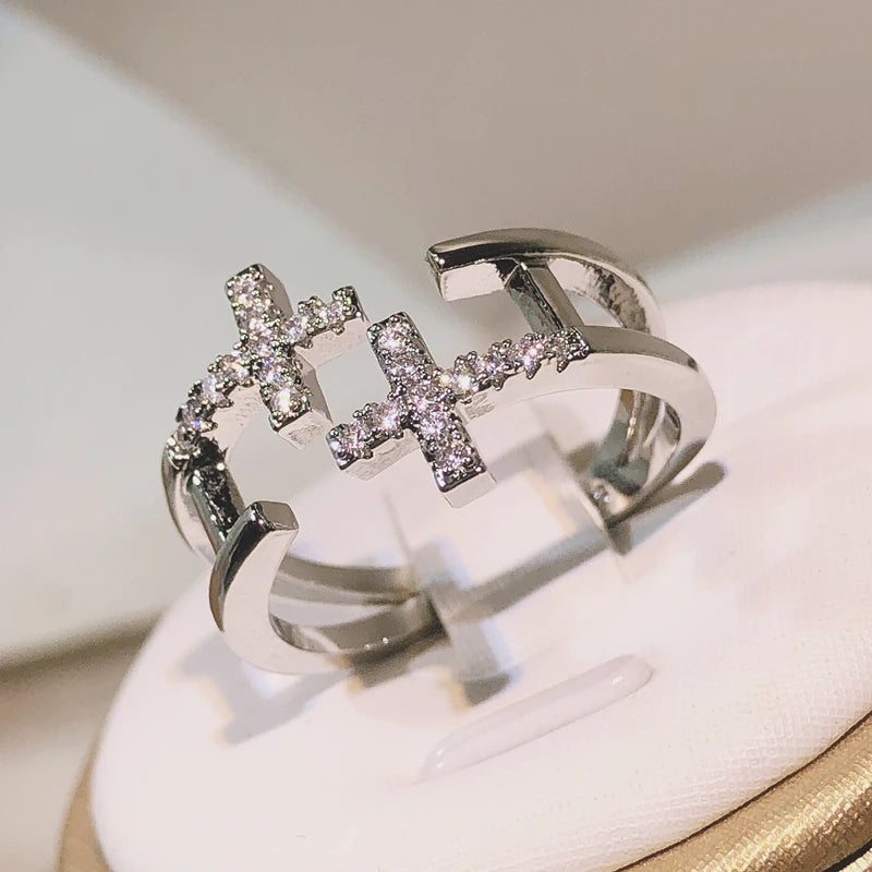 925 Sterling Silver Open Double Zircon Cross Rings For Woman Gothic Accessories Fashion Jewelry Party Irregular Ring