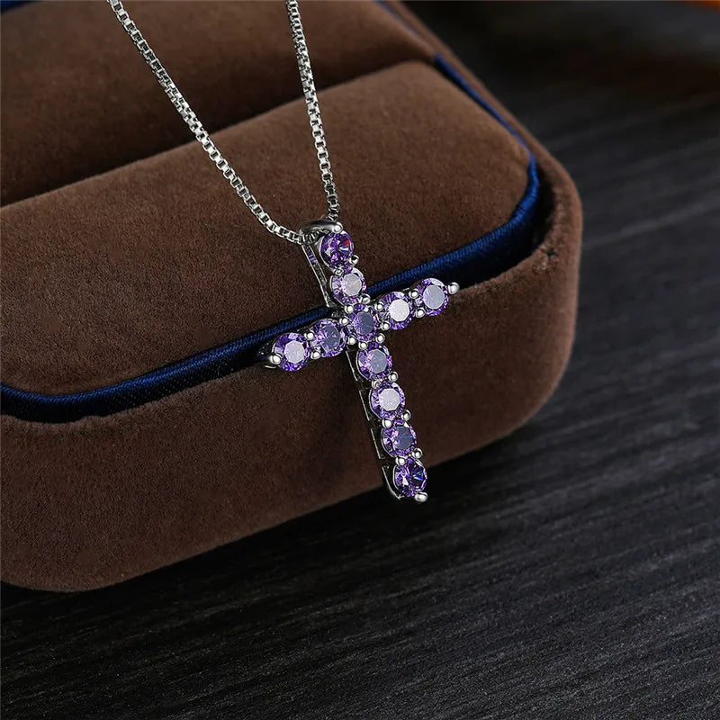 Luxury Female Crystal Blue Purple Pendant Necklace Charm Silver Color Chain Zircon Stone Wedding Jewelry For Women