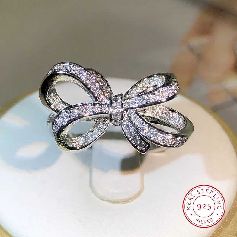 925 Sterling Silver Classic Big Bow Bow Bow Zircon Ring For Ladies Fashion Birthday Wedding Engagement Jewelry Gift