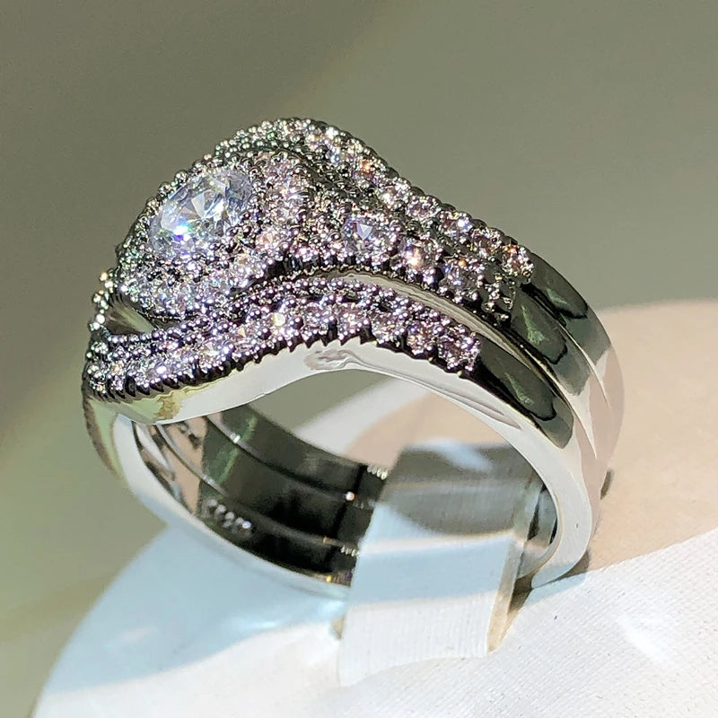 925 sterling silver classic three-layer white zircon ring unisex party birthday jewelry fashion zircon ring wholesale