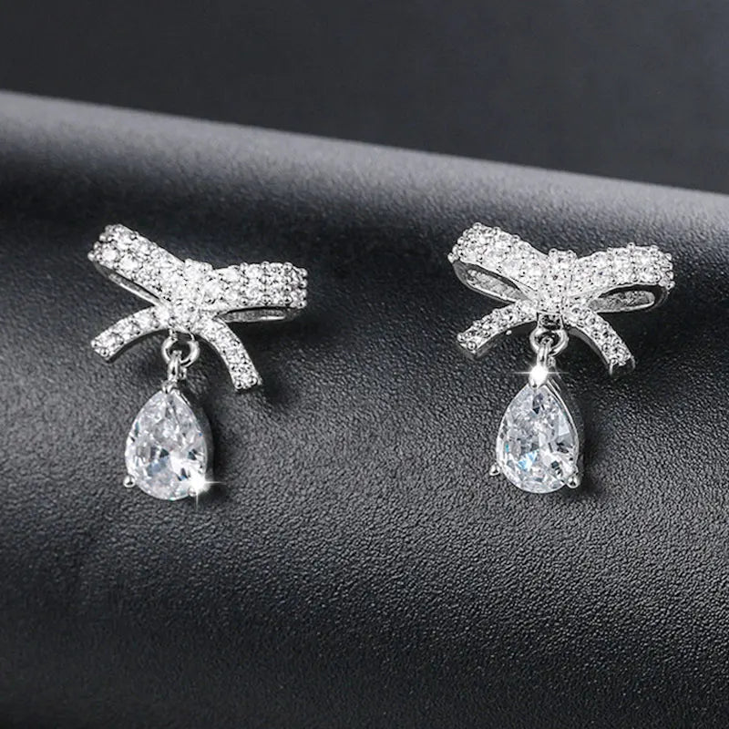 2020 Dangle Drop Earrings Stud Women Water Bowknot Zircon Two Color Gold Silver Jewelry Small Cute Gift For Girlfriend