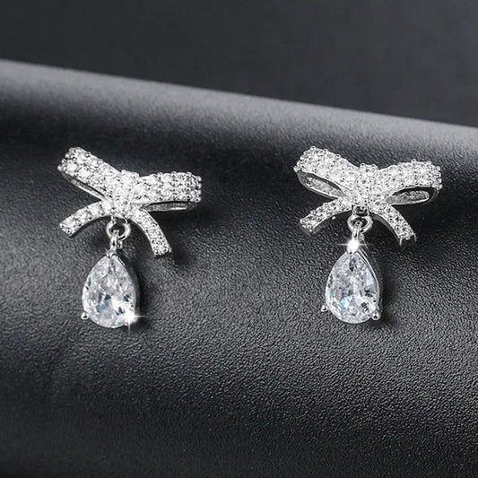 2020 Dangle Drop Earrings Stud Women Water Bowknot Zircon Two Color Gold Silver Jewelry Small Cute Gift For Girlfriend
