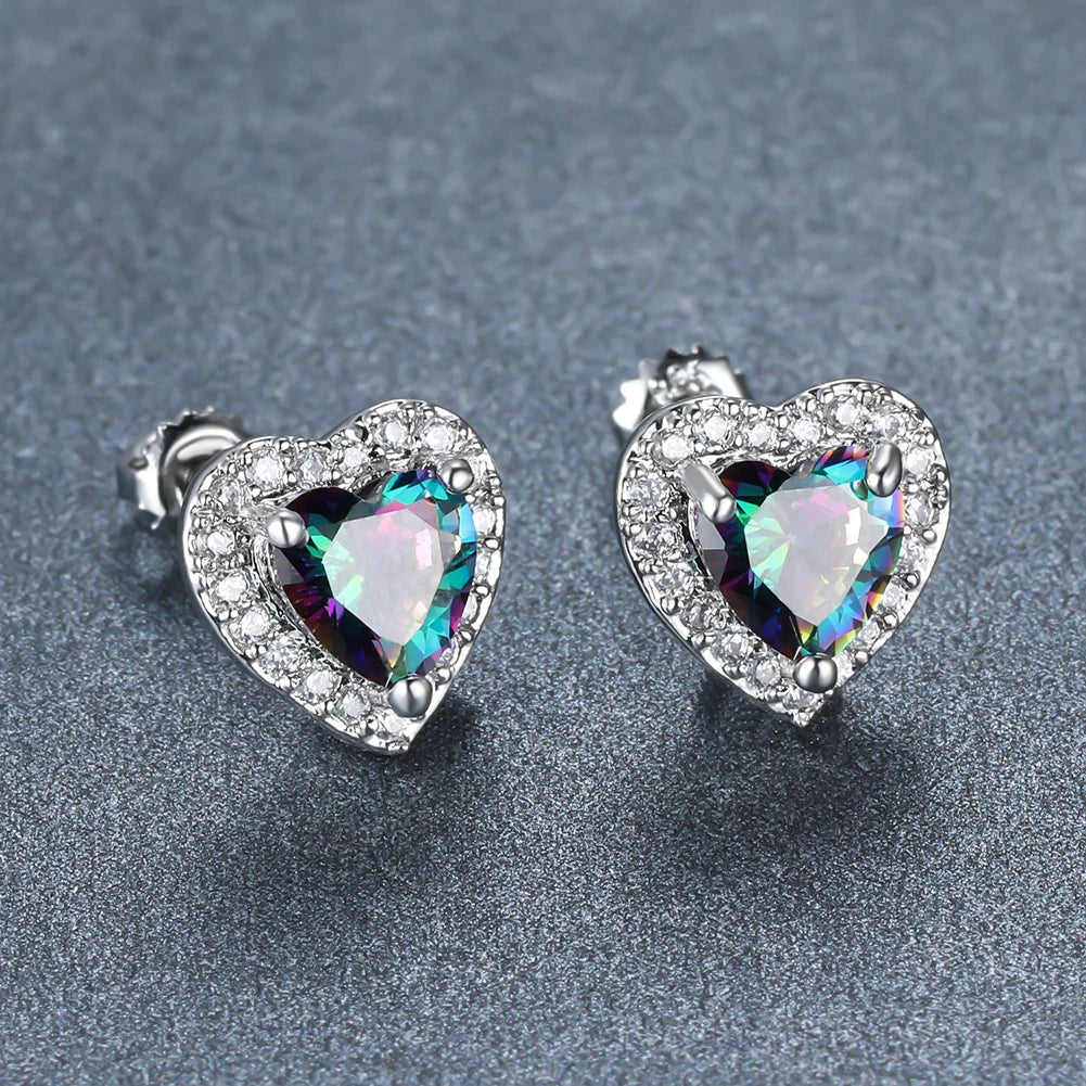 Dainty Female Rainbow Crystal Stone Jewelry Charm Silver Color Small Stud Earring Cute Heart Zircon Wedding Earrings For Women