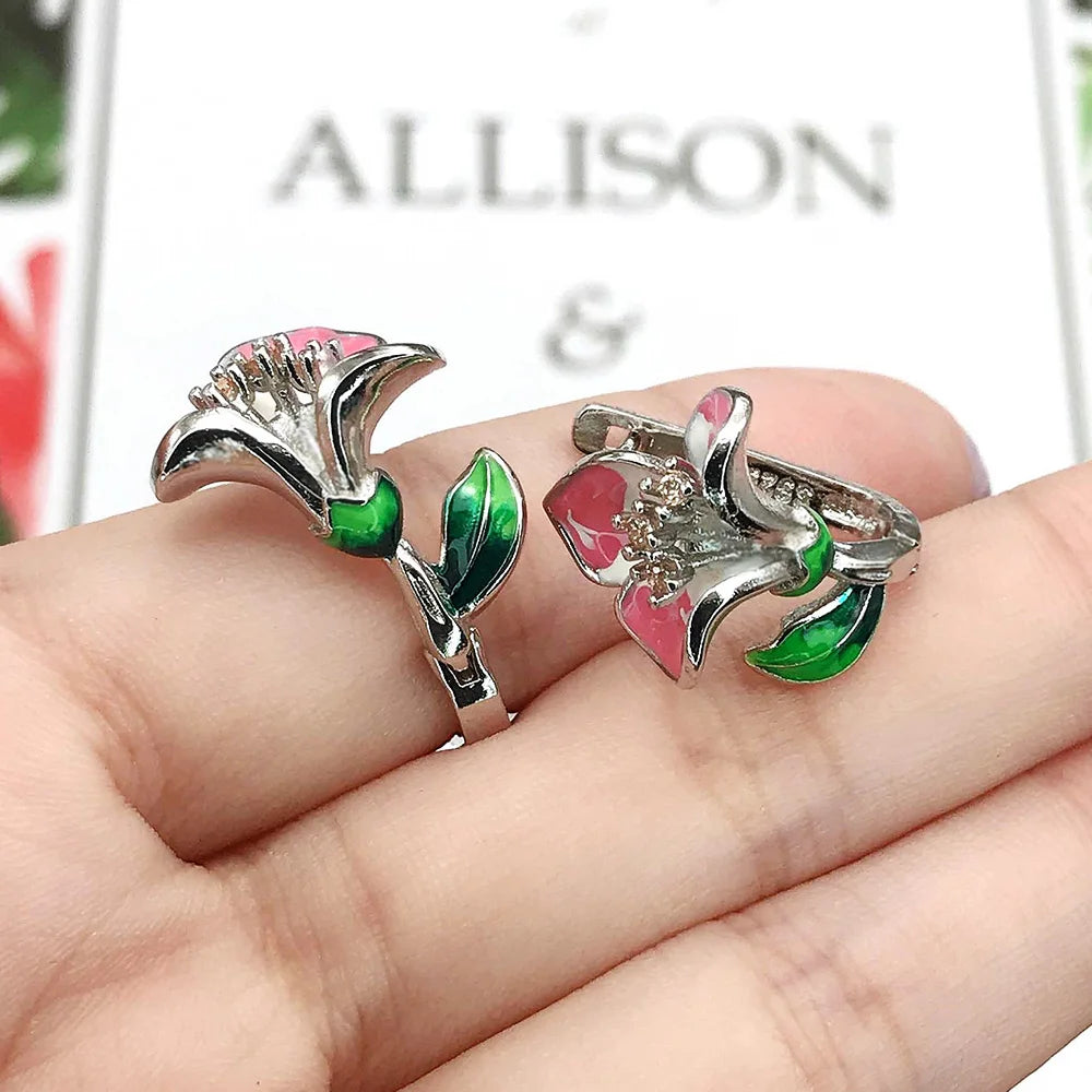 HUAMI 2PCS Hot Sale Zircon Christmas Cloisonne Epoxy Flower Earrings For Women Fashion Enamel and Diamond Engagement Earring