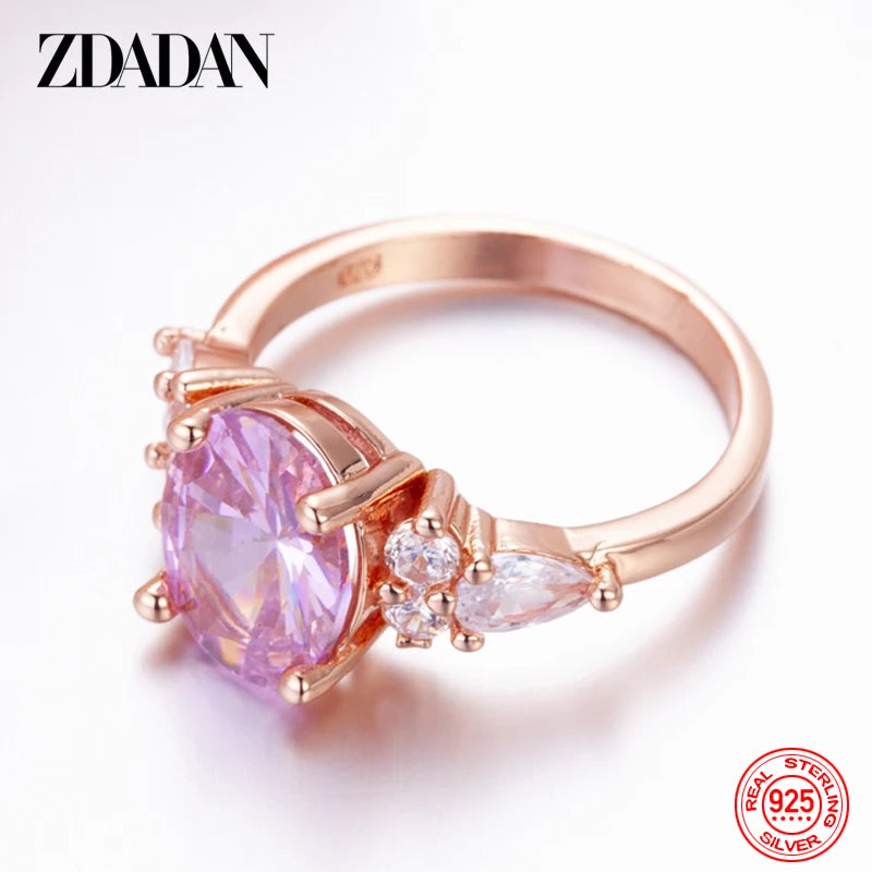 ZDADAN 925 Sterling Silver Pink Crystal Ring For Women Fashion Party Jewelry Wholesale