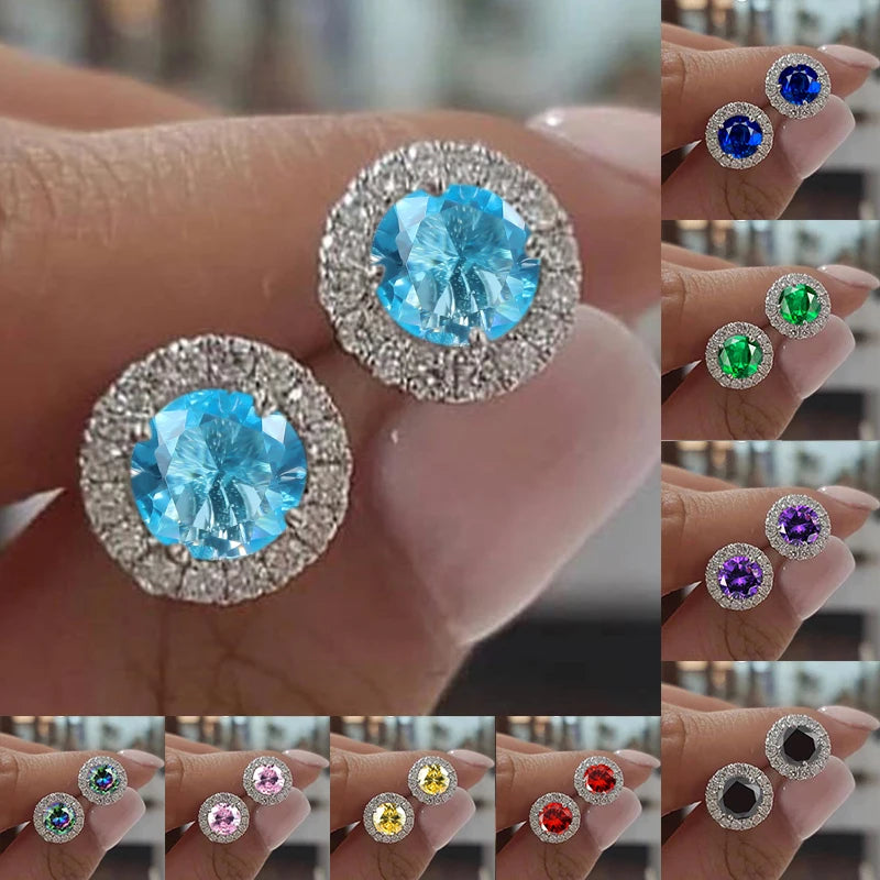 Cute Female Crystal Small Round Earrings Classic Silver Color Wedding Jewelry Charm Purple Zircon Stud Earrings For Women