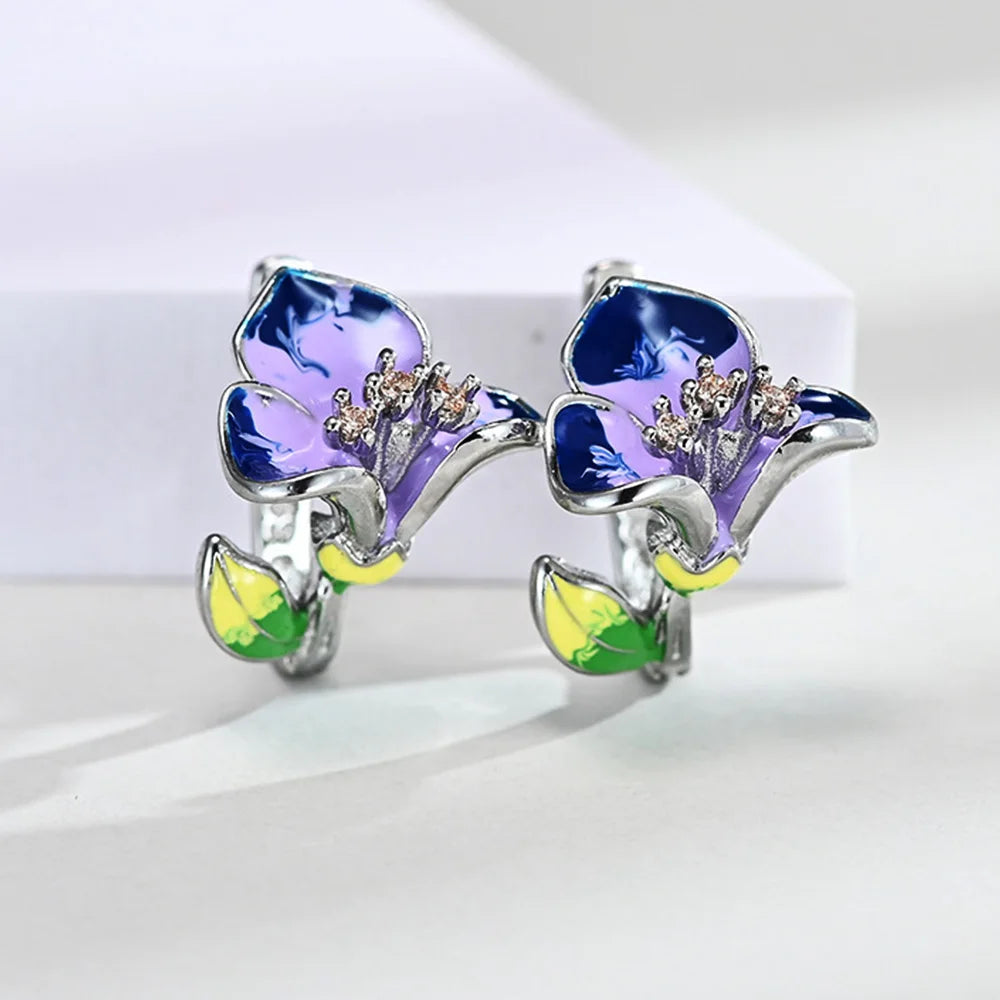 HUAMI 2PCS Hot Sale Zircon Christmas Cloisonne Epoxy Flower Earrings For Women Fashion Enamel and Diamond Engagement Earring