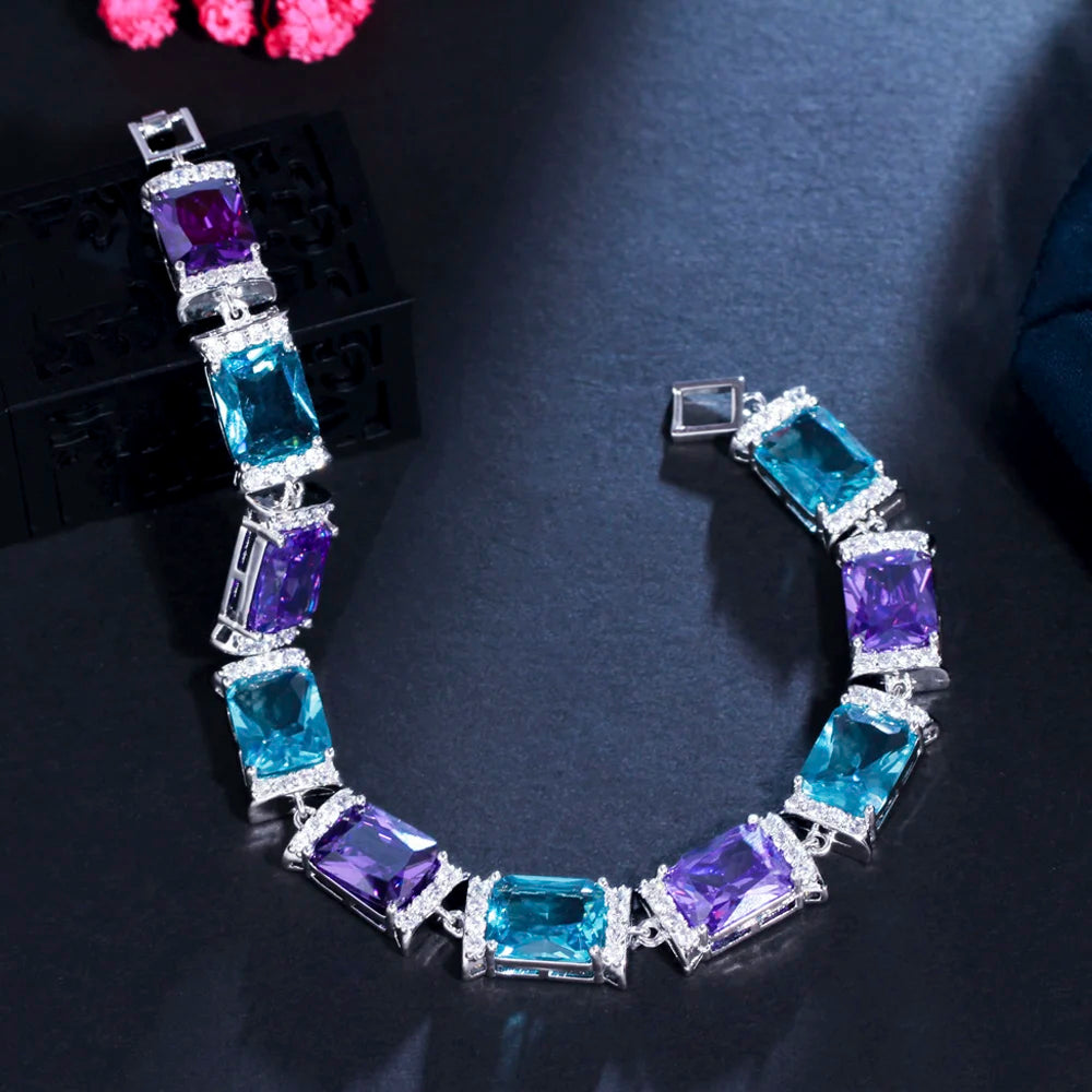 ThreeGraces Elegant Shiny Blue Purple Cubic Zirconia Geometric Rectangle Link Chain Tennis Bracelets for Women Jewelry BR191