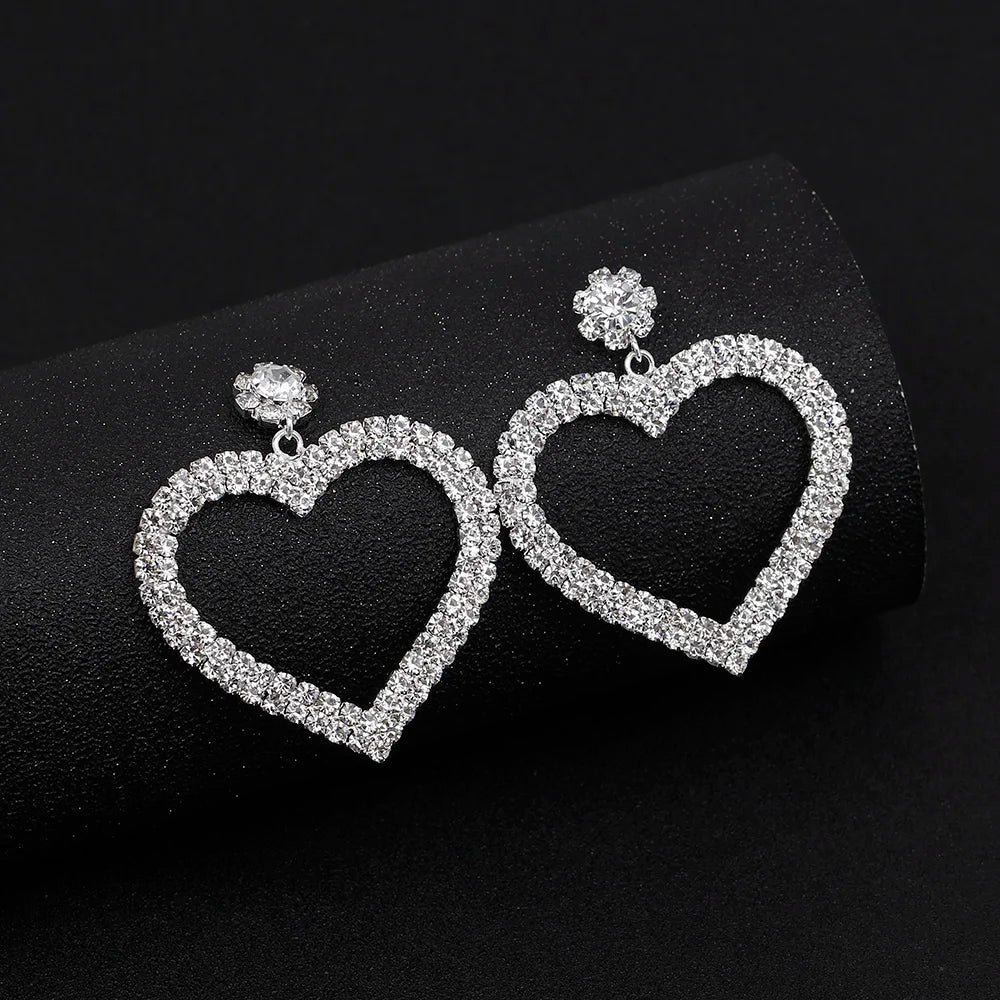 TREAZY Personality Silver Color Rhinestone Crystal Drop Earrings for Women Bride Heart Dangle Earrings Wedding Jewelry Brincos