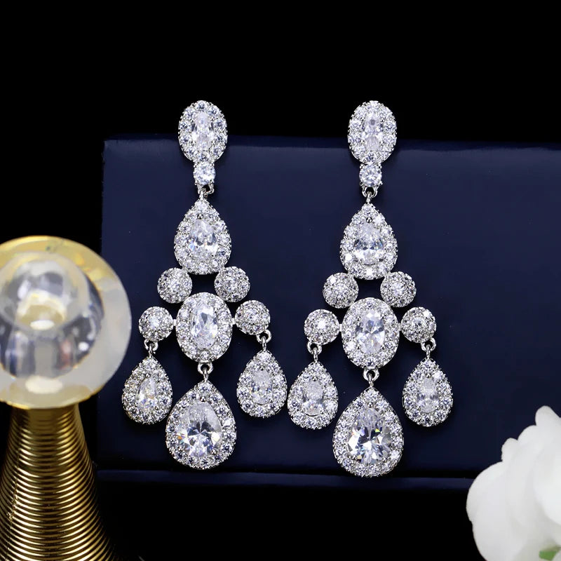 ThreeGraces Luxury Bridal CZ Jewelry Brilliant Cubic Zirconia Crystal Long Dangling Wedding Chandelier Earrings for Brides ER168