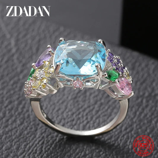 ZDADAN 925 Sterling Silver Square Gemstone Ring For Women Fashion Glamour Gift Wedding Jewelry