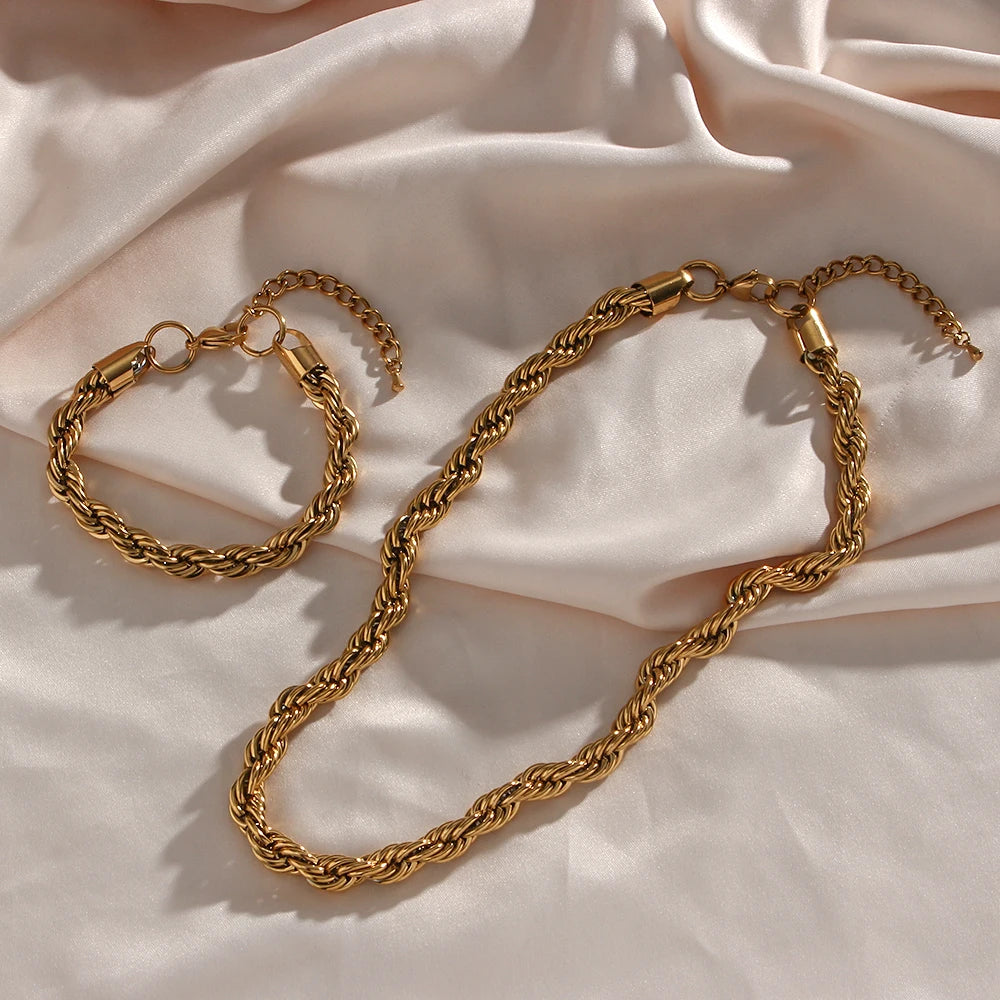 E.B.belle Tarnish Free Stainless Steel 18K Gold Plated Women's 8mm Chunky Twisted Rope Chain Necklace Trendy Gold Bracelet
