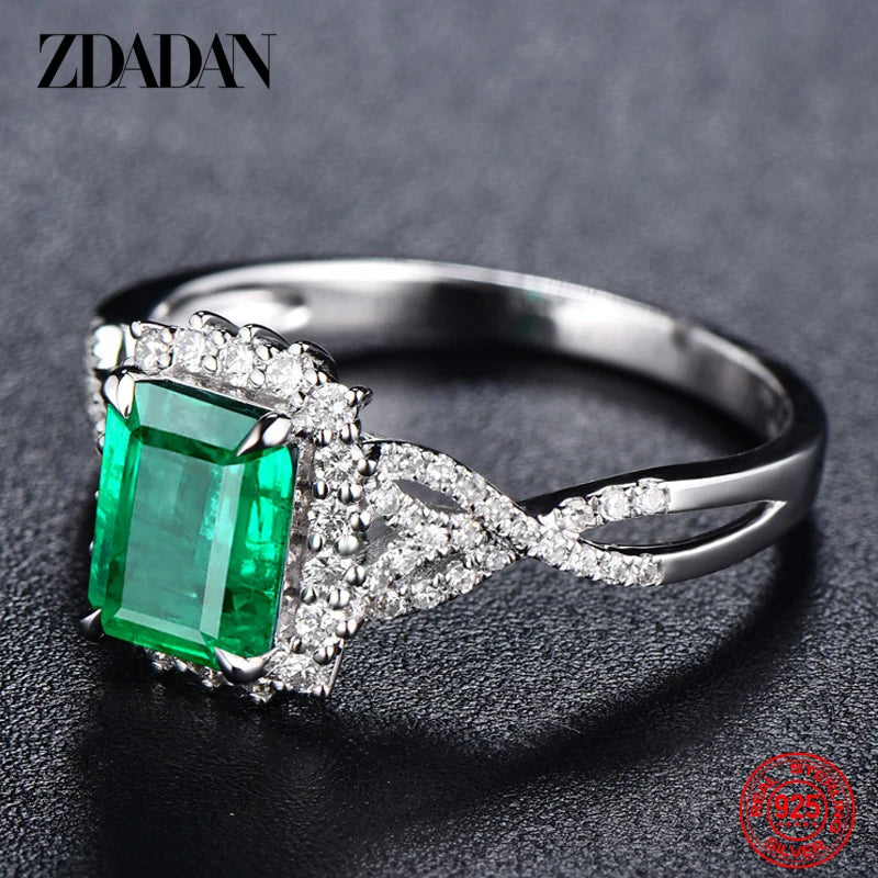 ZDADAN 925 Sterling Silver Charm Emerald Ring For Women Fashion Party Jewelry Engagement Gift