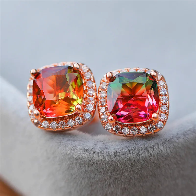 Luxury Female Square Blue Stone Earrings Cute Zircon Double Wedding Jewelry Simple Silver Color Stud Earrings For Women