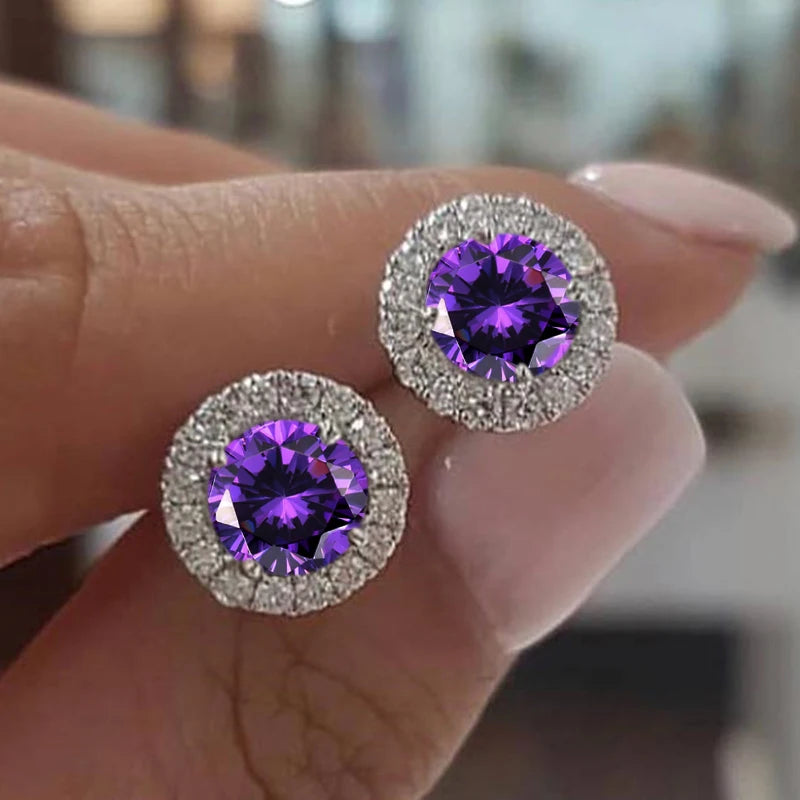 Cute Female Crystal Small Round Earrings Classic Silver Color Wedding Jewelry Charm Purple Zircon Stud Earrings For Women