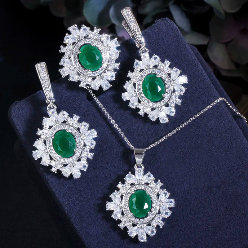 ThreeGraces Elegant Green Cubic Zirconia Geometric Earrings Ring Necklace Daily Party Jewelry Set for Women Accessories JS702