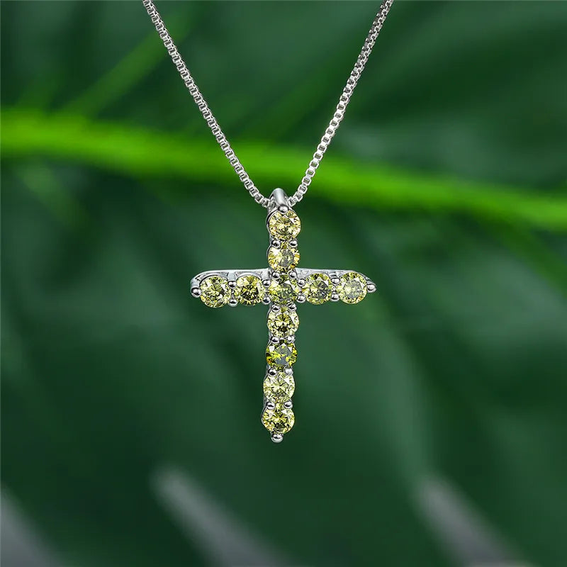 Luxury Female Crystal Blue Purple Pendant Necklace Charm Silver Color Chain Zircon Stone Wedding Jewelry For Women