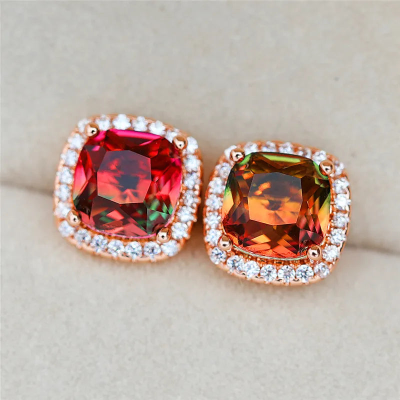 Luxury Female Square Blue Stone Earrings Cute Zircon Double Wedding Jewelry Simple Silver Color Stud Earrings For Women