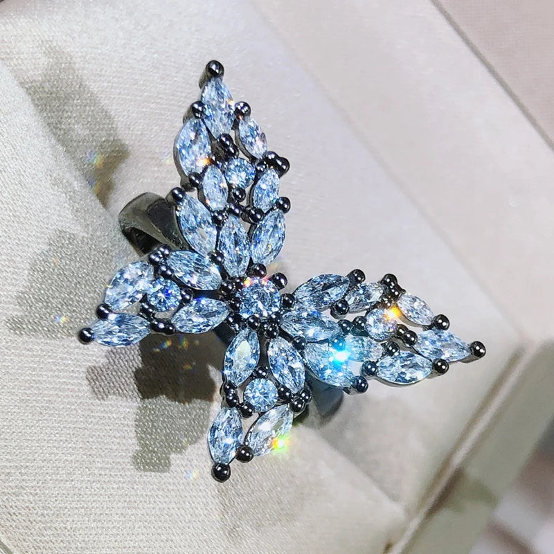 925 Sterling Silver Vintage Romantic Black Gold Butterfly Ring Adjustment Antique Ring Ladies Elegant Jewelry Party Birthday Gif
