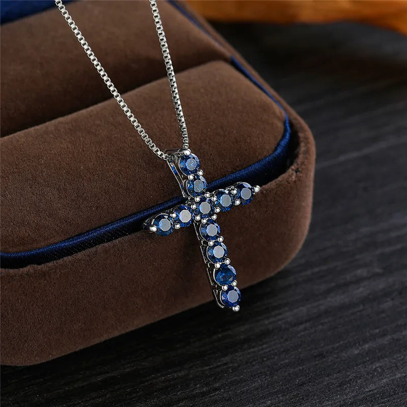 Luxury Female Crystal Blue Purple Pendant Necklace Charm Silver Color Chain Zircon Stone Wedding Jewelry For Women