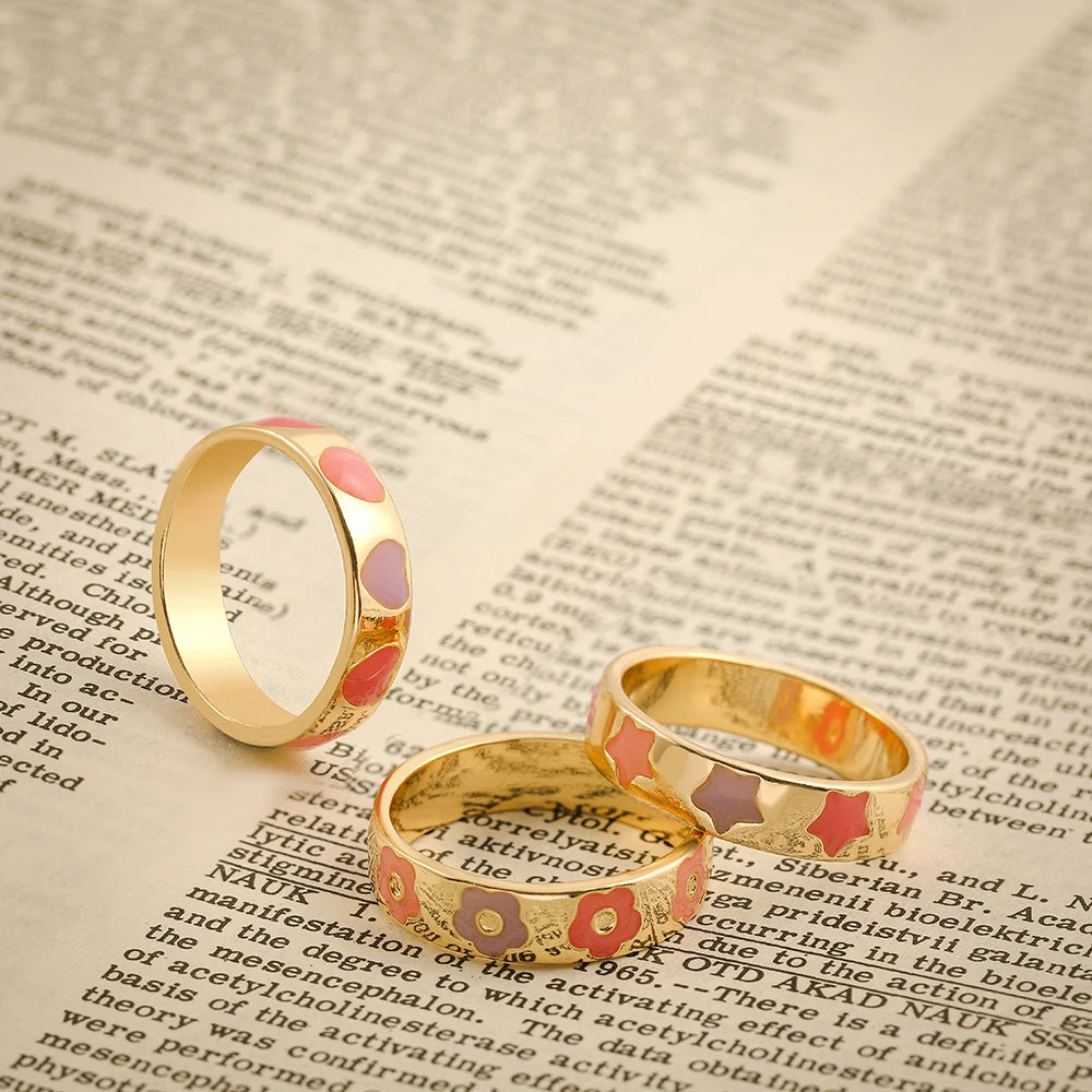 Aesthetic Colorful Enamel Heart Star Flower Shaped Ring Set for Women Cute Fashion Stacking Finger Rings Jewelry Gift